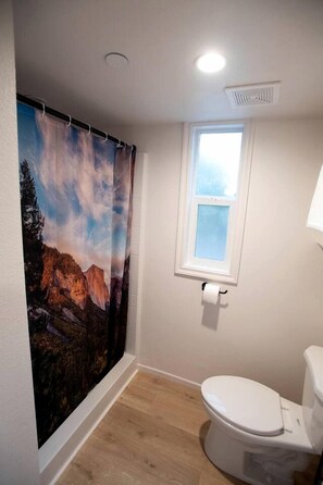 Une salle de bain avec un rideau de douche représentant un paysage de montagne, une fenêtre et des toilettes.