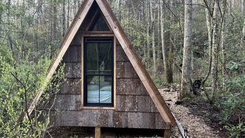 A small, triangular wooden cabin with a large window, surrounded by a forest.