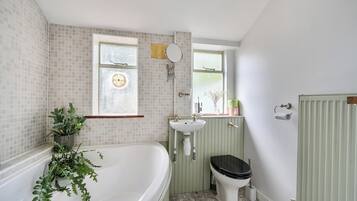 Combined shower/bathtub, deep-soaking bathtub, hair dryer, towels