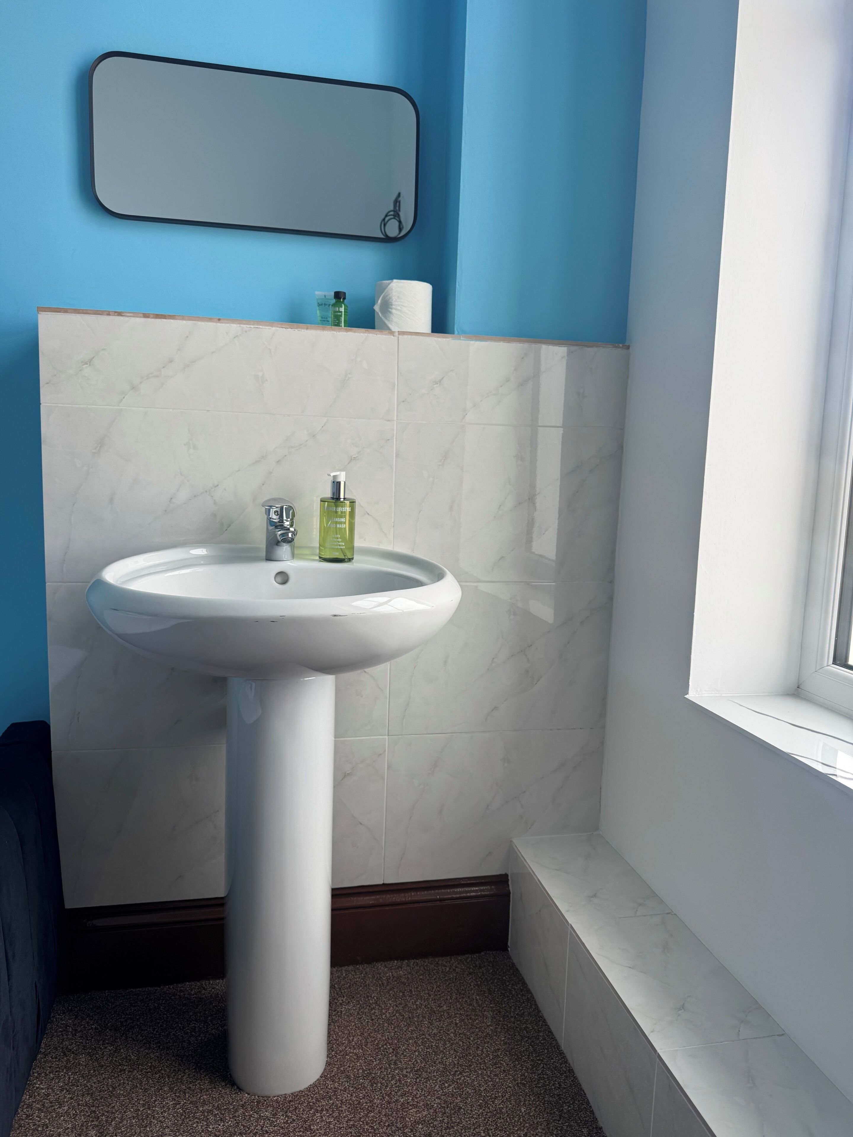 Un baño con un lavamanos pedestal blanco, un espejo y una ventana.