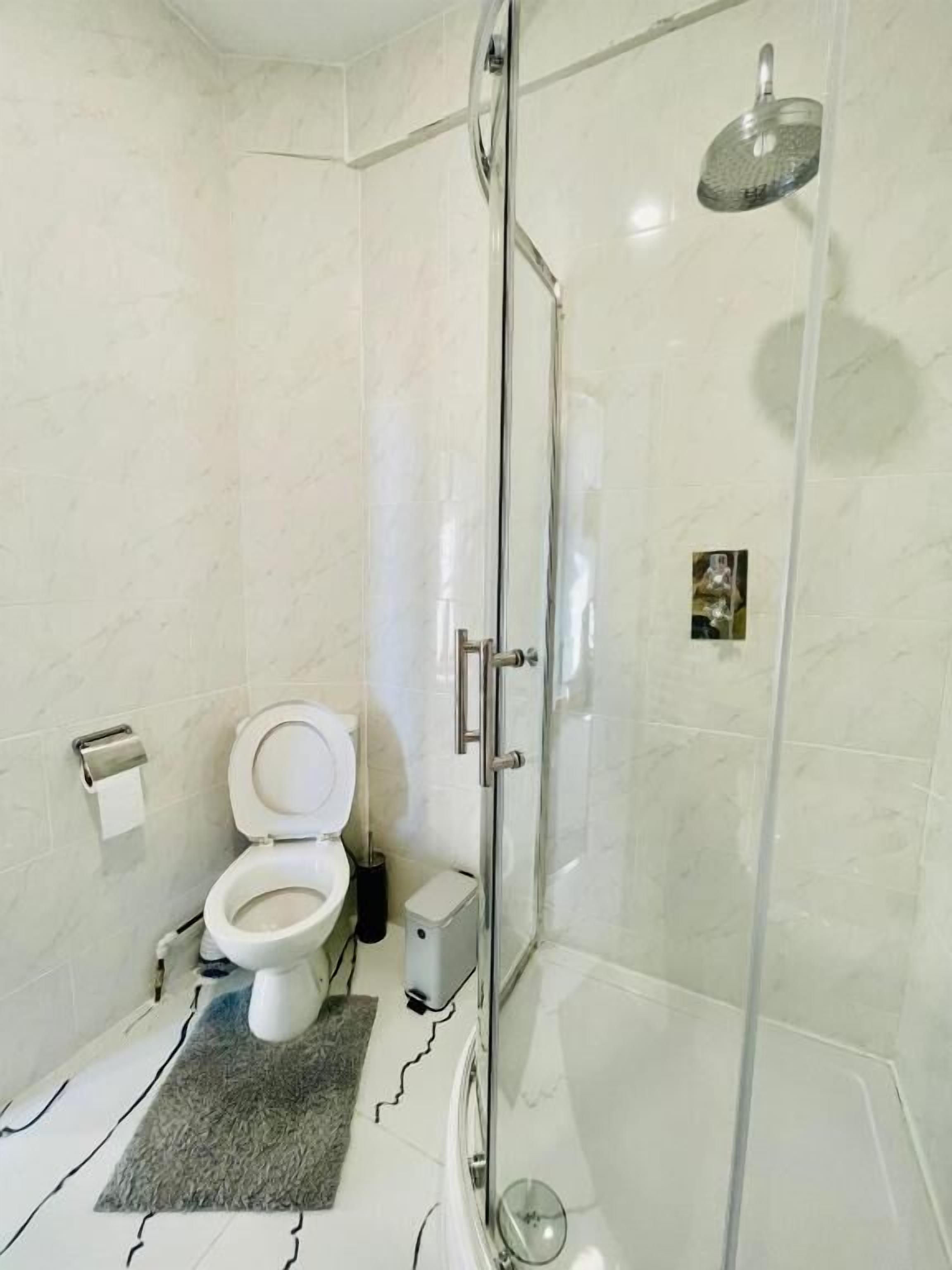 A bathroom with a toilet, a shower, and a glass-enclosed shower stall.