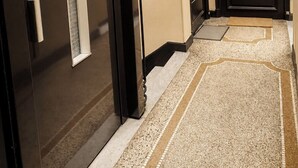 En hall med en mörk dörr, en ljus vägg och en mönstrad matta.