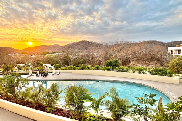 View of the sunset over the Sierra Madre mountains overlooking one of the Las Casitas pools