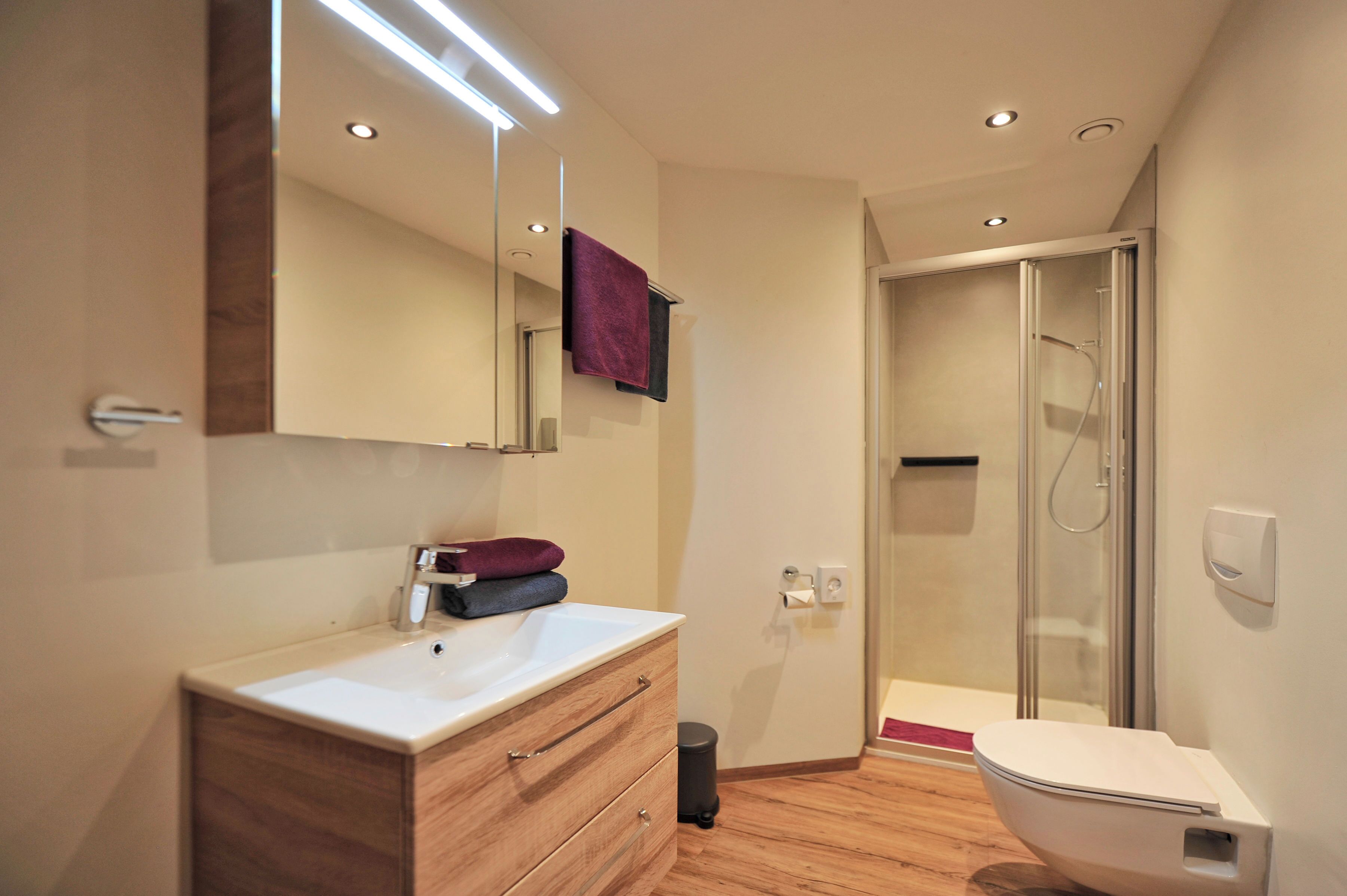 Un baño moderno con tocador de madera, cabina de ducha de vidrio y inodoro blanco.