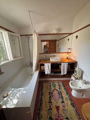 Hair dryer, bidet, towels, soap