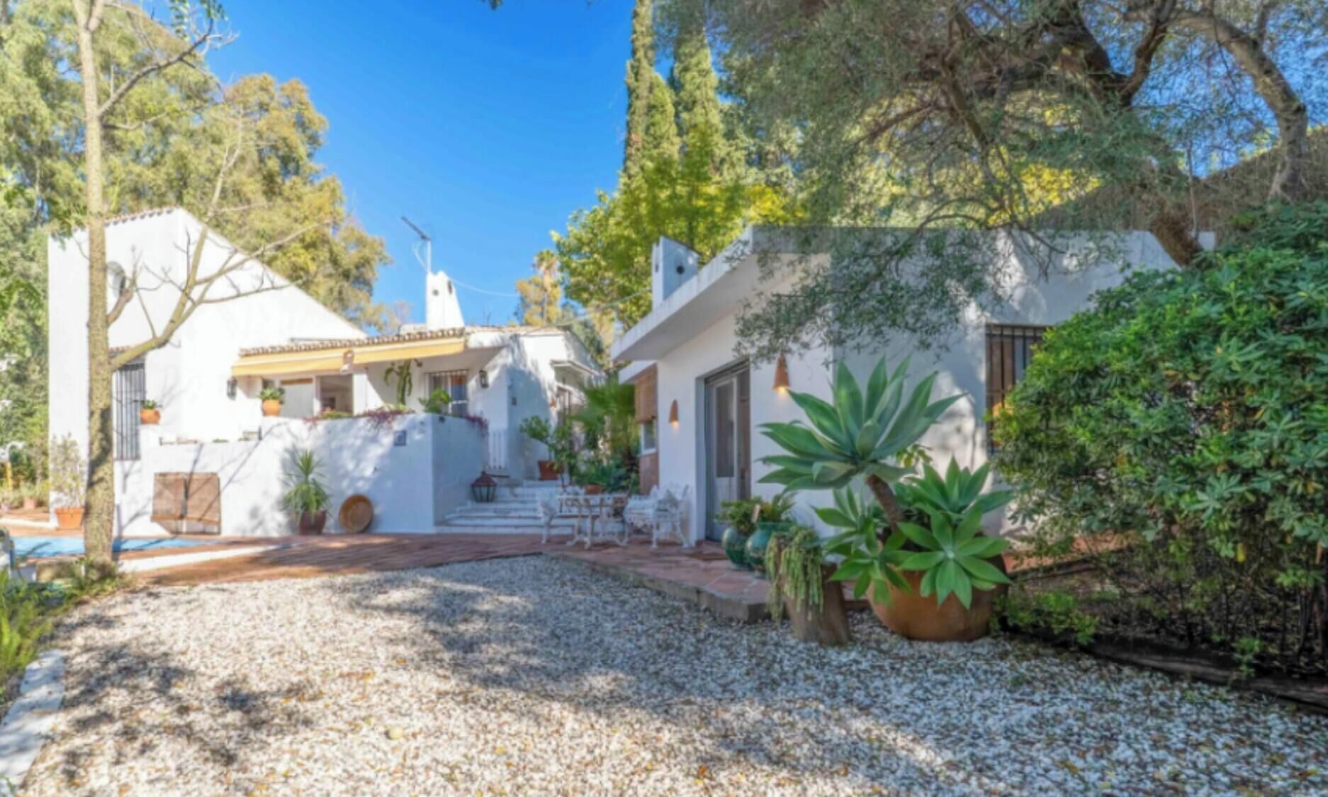 A white building with a patio, steps, and potted plants.