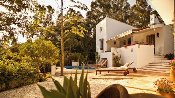 Eine moderne Villa mit Pool, Liegestühlen und Garten.