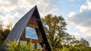 A modern, triangular-shaped building with a large glass window, surrounded by greenery and a stone wall.