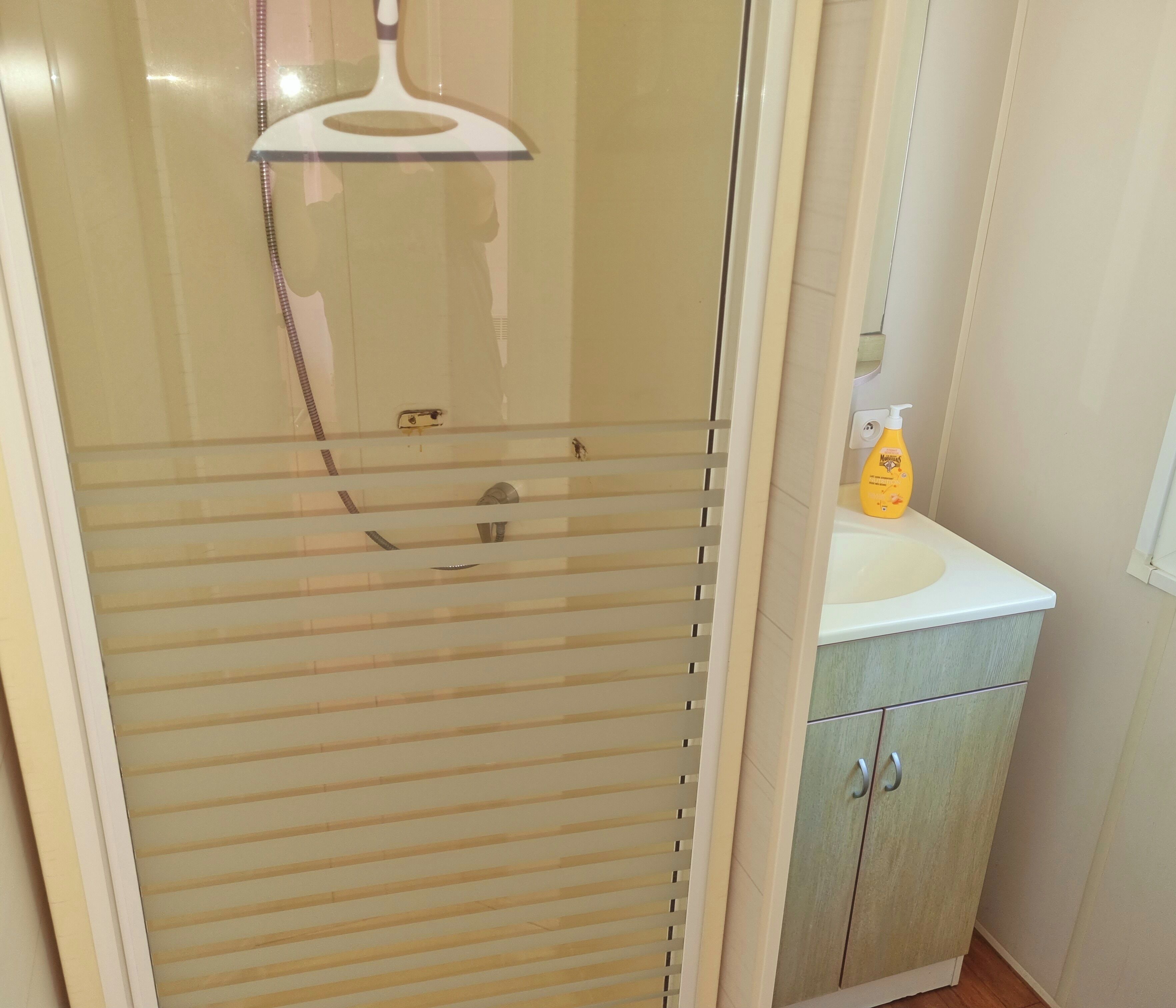 Un baño con cabina de ducha, lavabo con una botella de champú y un armario.