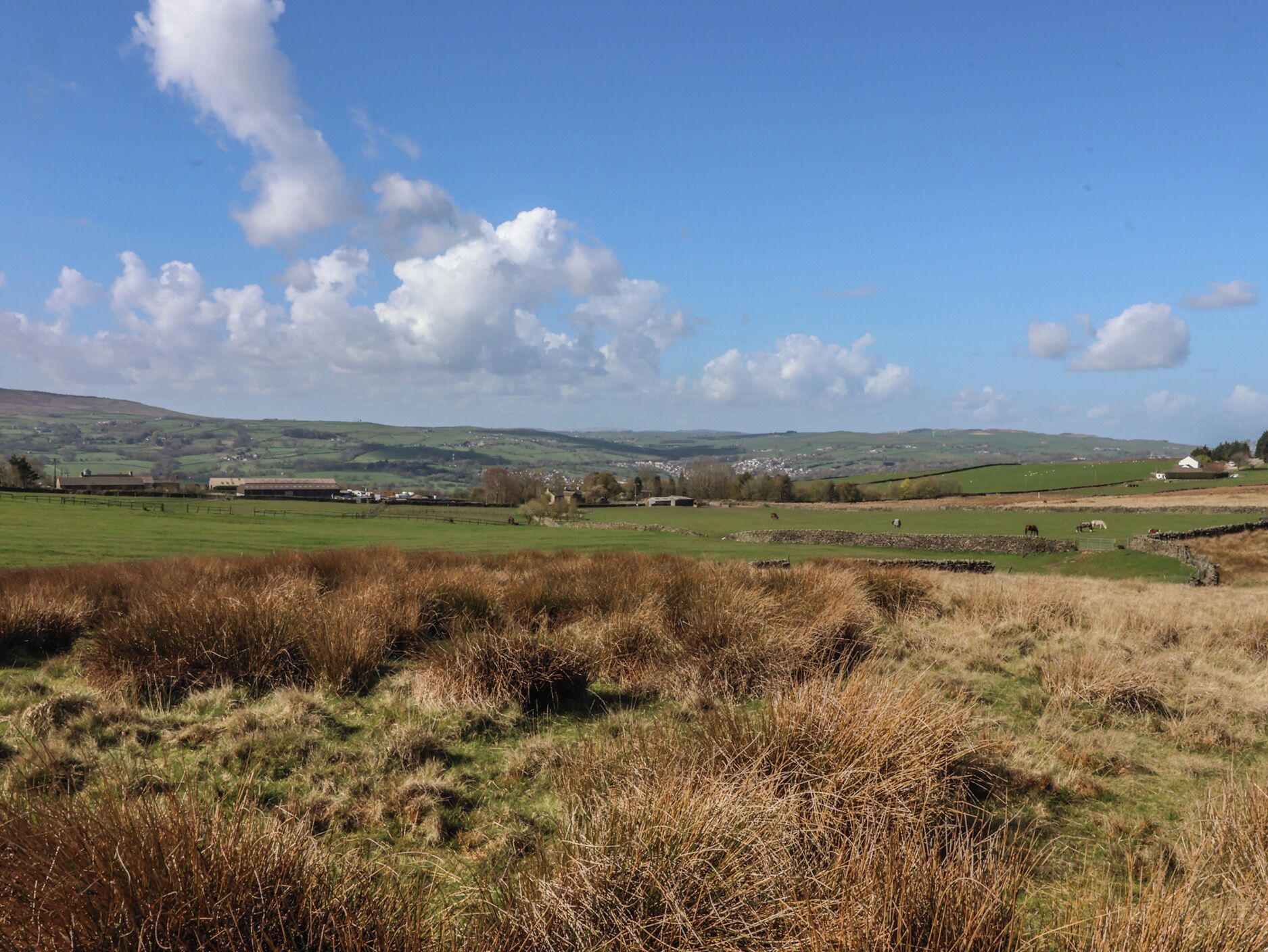 Een landelijk landschap met velden, een verafgelegen stad en glooiende heuvels.