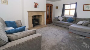 A living room with a fireplace, two sofas, a cabinet, and a ceiling light. - 1 Upper Austby Farm Cottage (Ilkley)