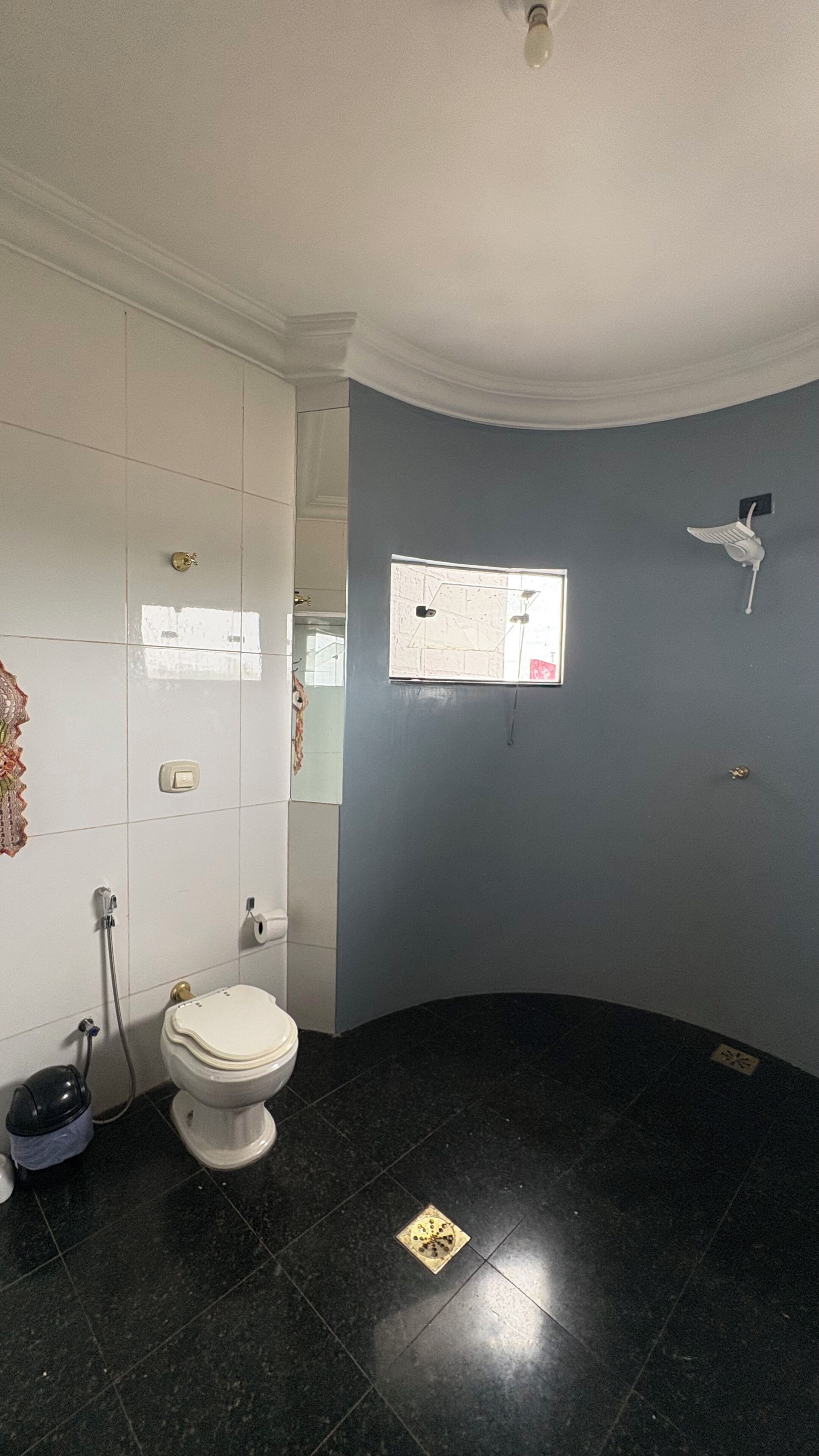 Un baño con inodoro, ducha, toallero y ventana.