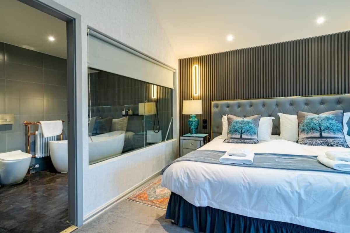Habitación de hotel moderna con una cama grande, cabina de ducha de vidrio y vista al baño.