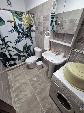 Douche, sèche-cheveux, serviettes fournies, savon