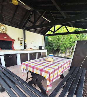 Ein AuĂenbereich mit KĂŒche, inklusive Grill, SpĂŒle und Tisch mit kariertem TischlĂ€ufer.