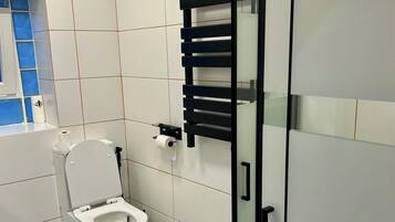 Shower, hair dryer, bidet, towels