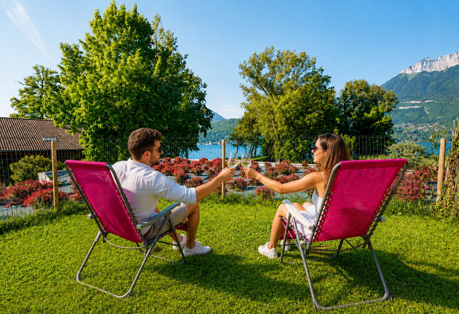 Deux personnes sont assises sur des chaises de jardin rouges, face à face, et profitent d’une vue magnifique sur les montagnes et un lac en arrière-plan.