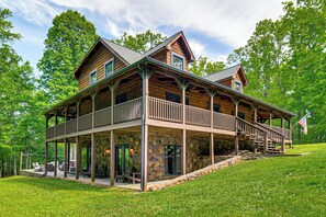 Interior - Hot Tub & Patio: Bedford Log Cabin on 10 Acres! (Moneta)