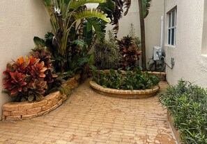 A brick pathway leading to a building with a window, surrounded by various potted plants and greenery. - Serene, Picturesque,Secluded!!Nestled atop a mountain looking at the ocean (St Thomas)