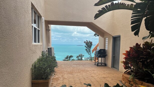 Eine Terrasse mit Blick auf das Meer, ein Grill und Kübelpflanzen.