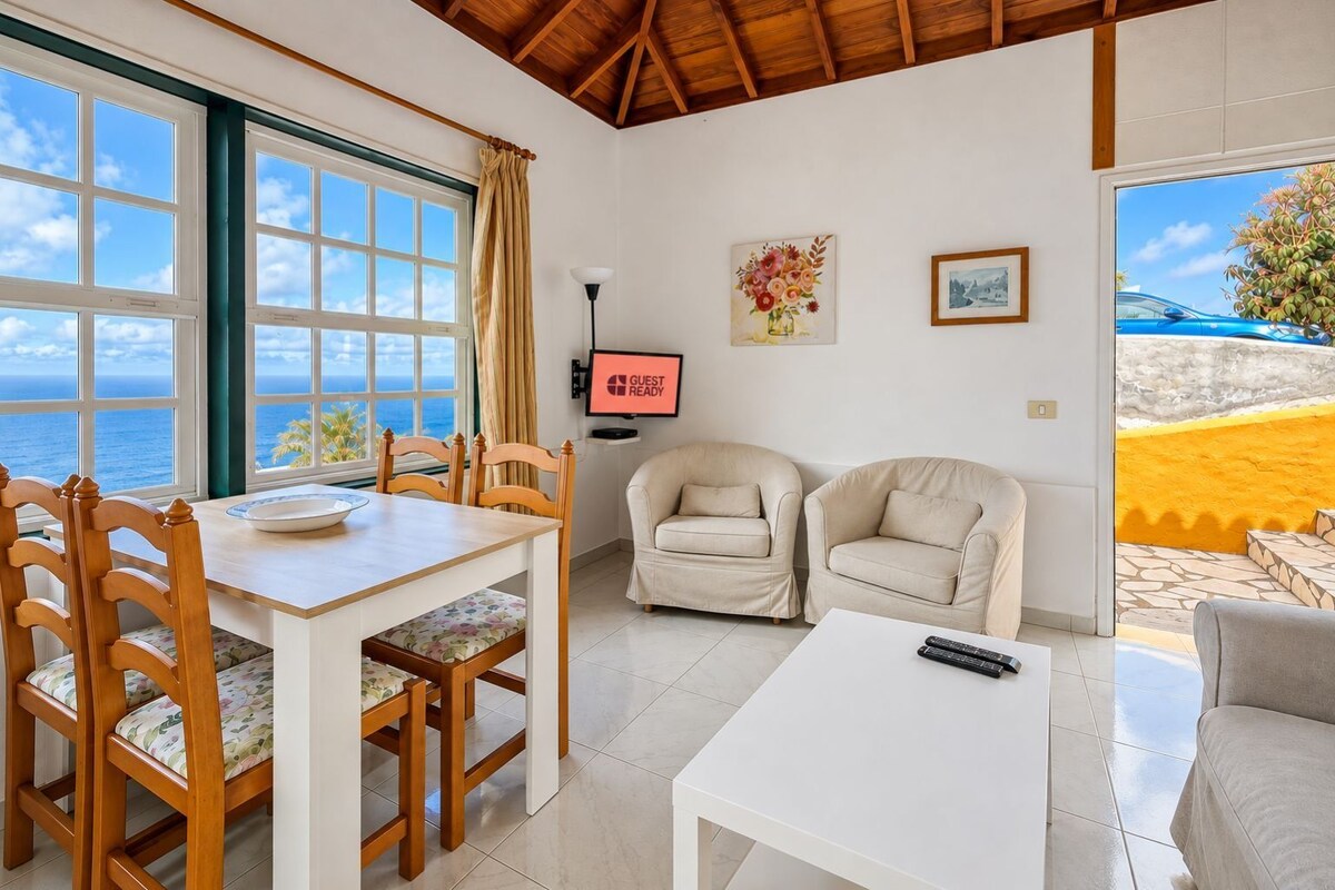 A room with a dining table, two sofas, a TV, and a view of the ocean.