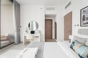 Apartamento urbano, 1 quarto, cozinha, vista para a marina | Roupas de cama de algodão egípcio, roupas de cama premium