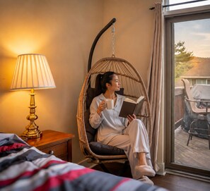 Iemand zit in een hangstoel een boek te lezen, met een lamp op een nachtkastje en uitzicht op het buitengebeuren door een raam.