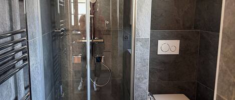 Hair dryer, towels, soap, toilet paper