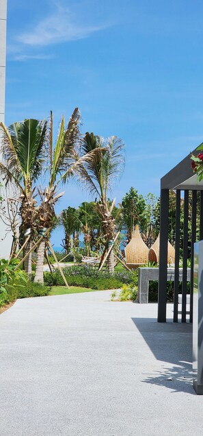 A paved pathway leading to a building with a modern design, surrounded by palm trees and a clear blue sky.