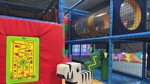 A play area with a climbing net, padded play structures, and a colorful wall with numbers and fruit illustrations. - Wonderful private villa for 2 people with WIFI, A/C, pool, TV and terrace (Tholen)