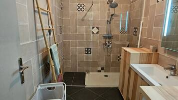 Shower, hair dryer, towels