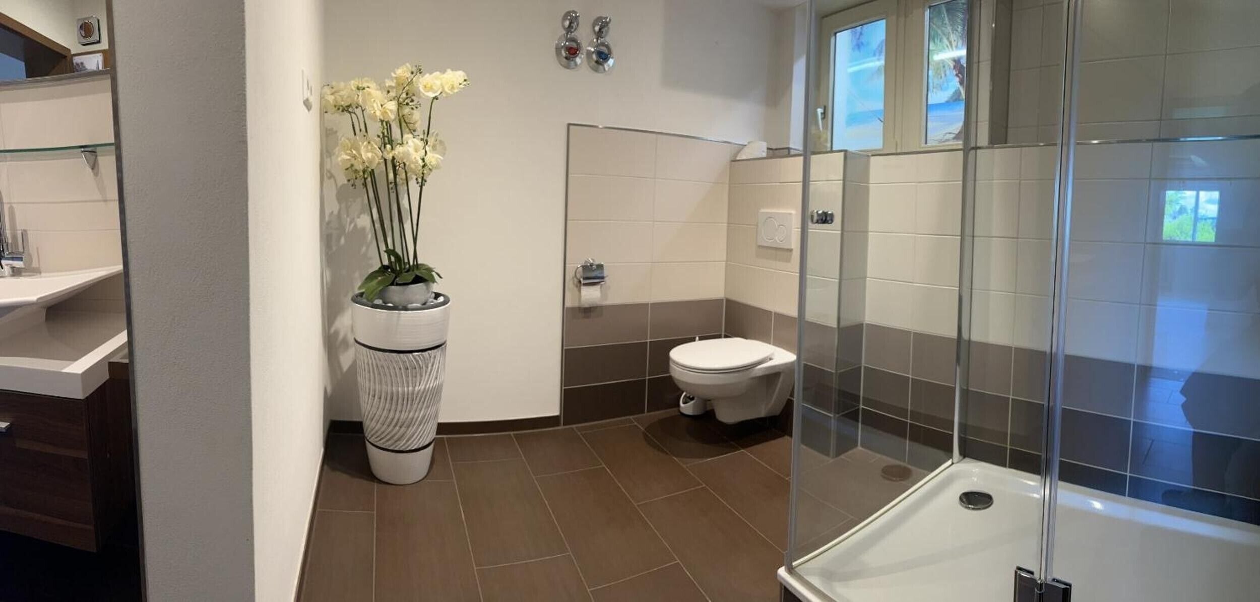 Een moderne badkamer met een douchecabine van glas, een toilet en een wastafel.