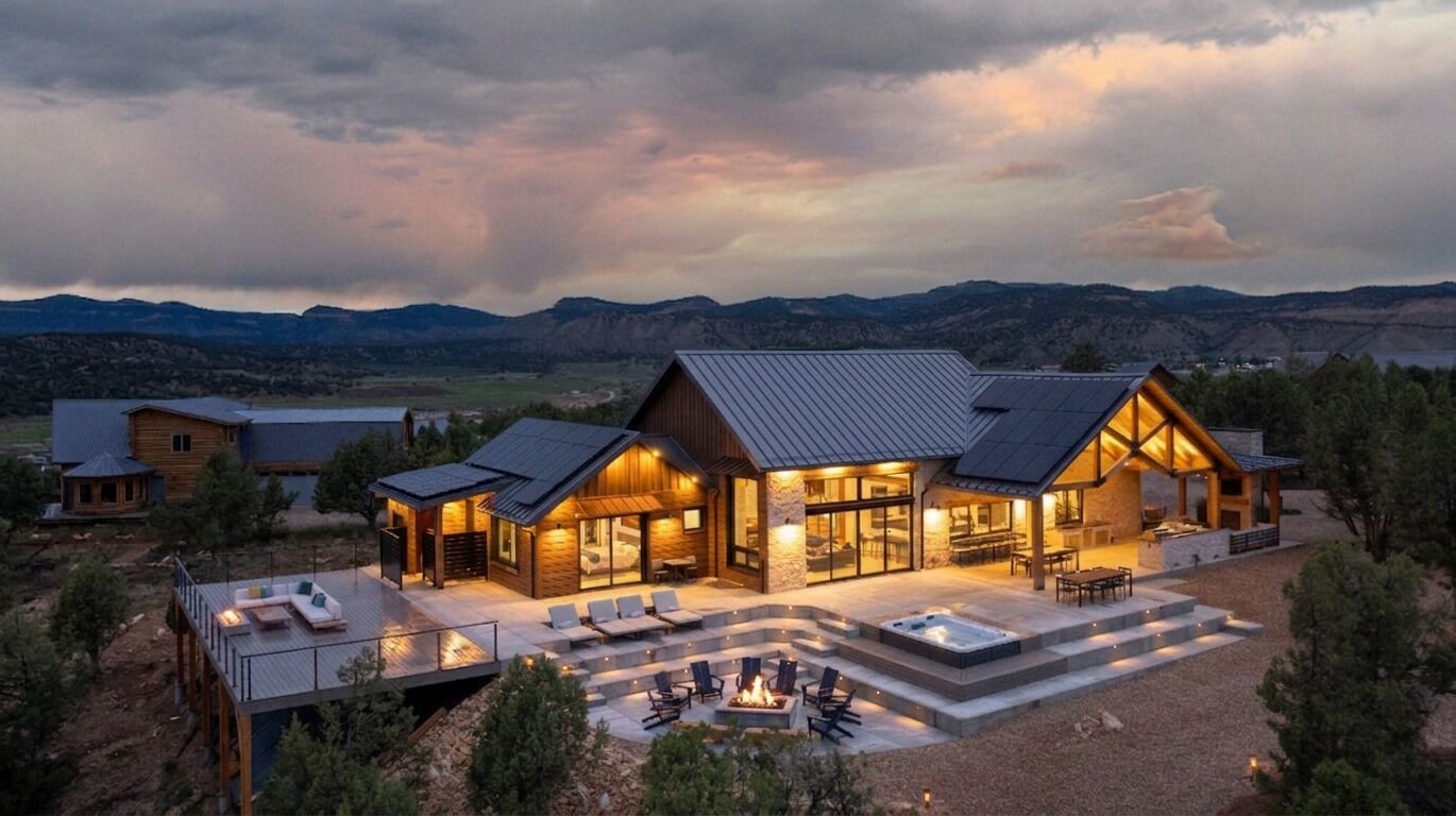 A modern two-story house with a large deck, outdoor seating, and a hot tub.