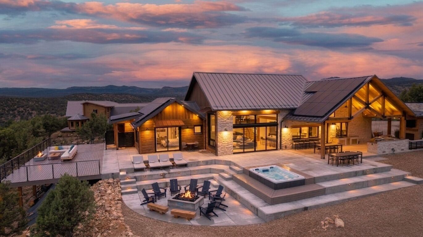 A modern house with a deck, outdoor seating, and a hot tub.