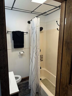 Hair dryer, towels, soap, toilet paper
