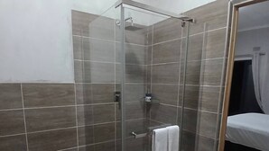 A bathroom with a glass-enclosed shower, a toilet, and a bed with a curtain. - Room-serene Guest Room Retreat in Albert (Alberton)