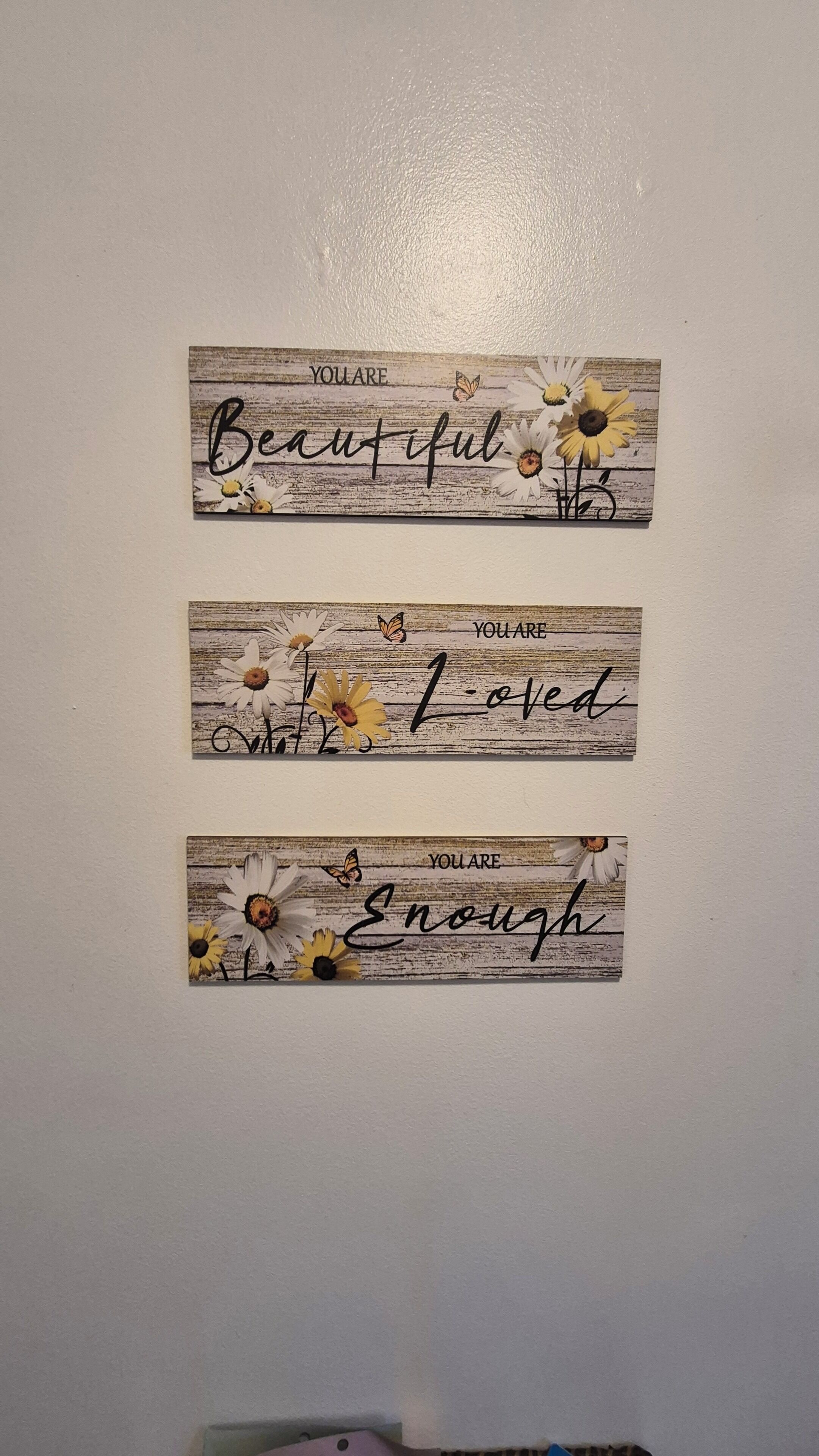 Three wall-mounted signs with positive affirmations and floral designs.