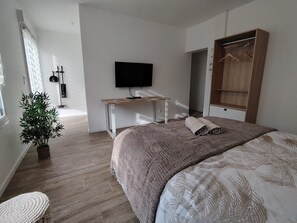 Un dormitorio con cama, televisor, armario, planta y ventana.