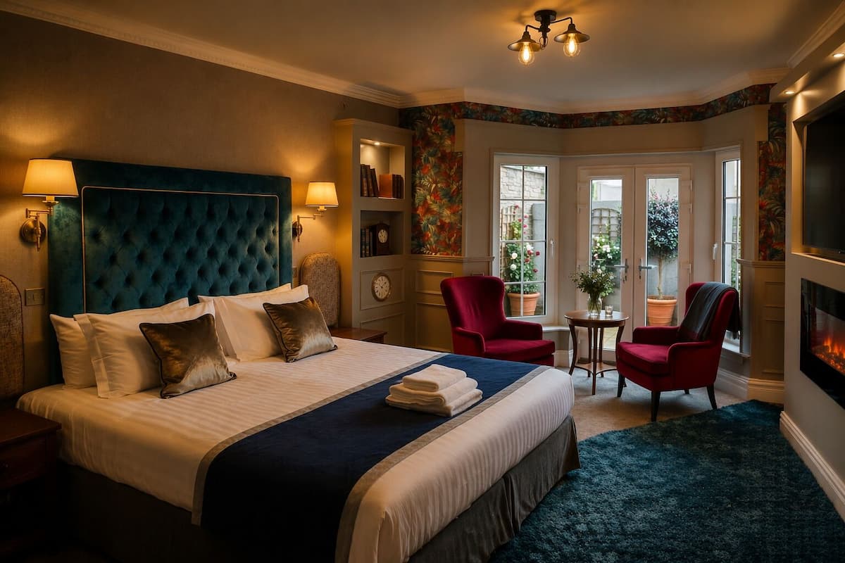 A hotel room with a large bed, two red armchairs, a small table, and a fireplace.