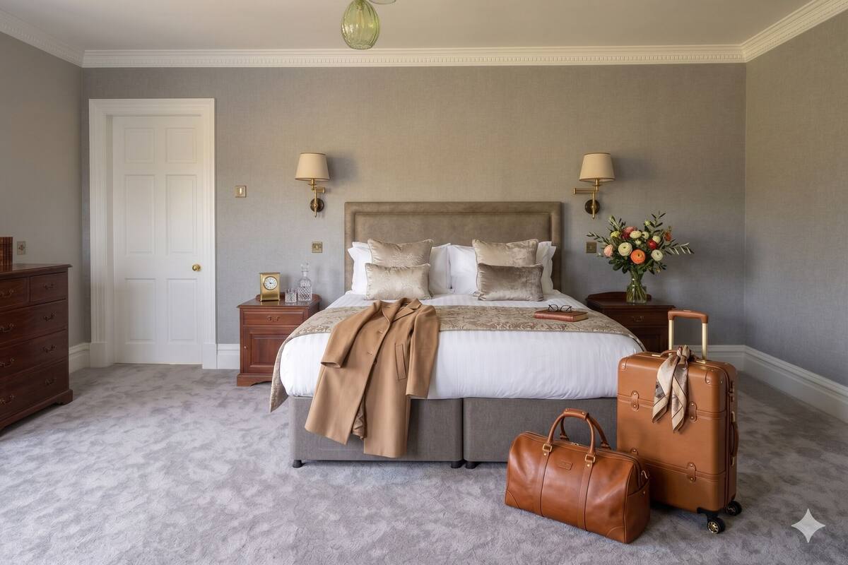 A bedroom with a bed, bedside lamps, a dresser, a nightstand, a vase of flowers, and a suitcase.