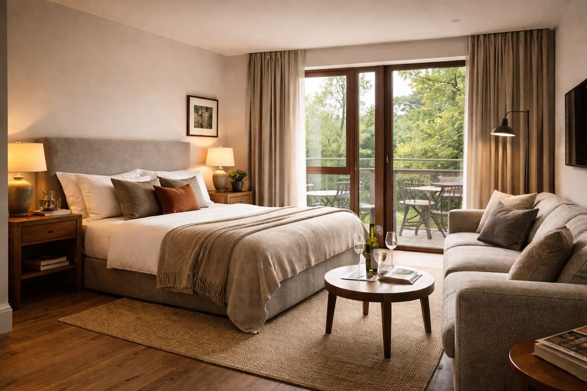 A hotel room with a bed, bedside table, lamp, and a view of the outdoors.