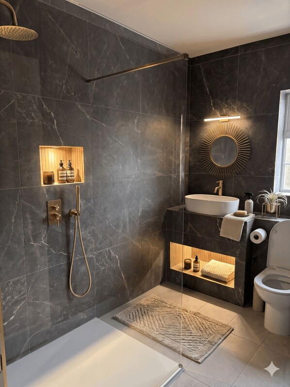 A modern bathroom with a shower, sink, and toilet, marble walls, and a sunburst mirror. - THE VÉRO (Killarney)