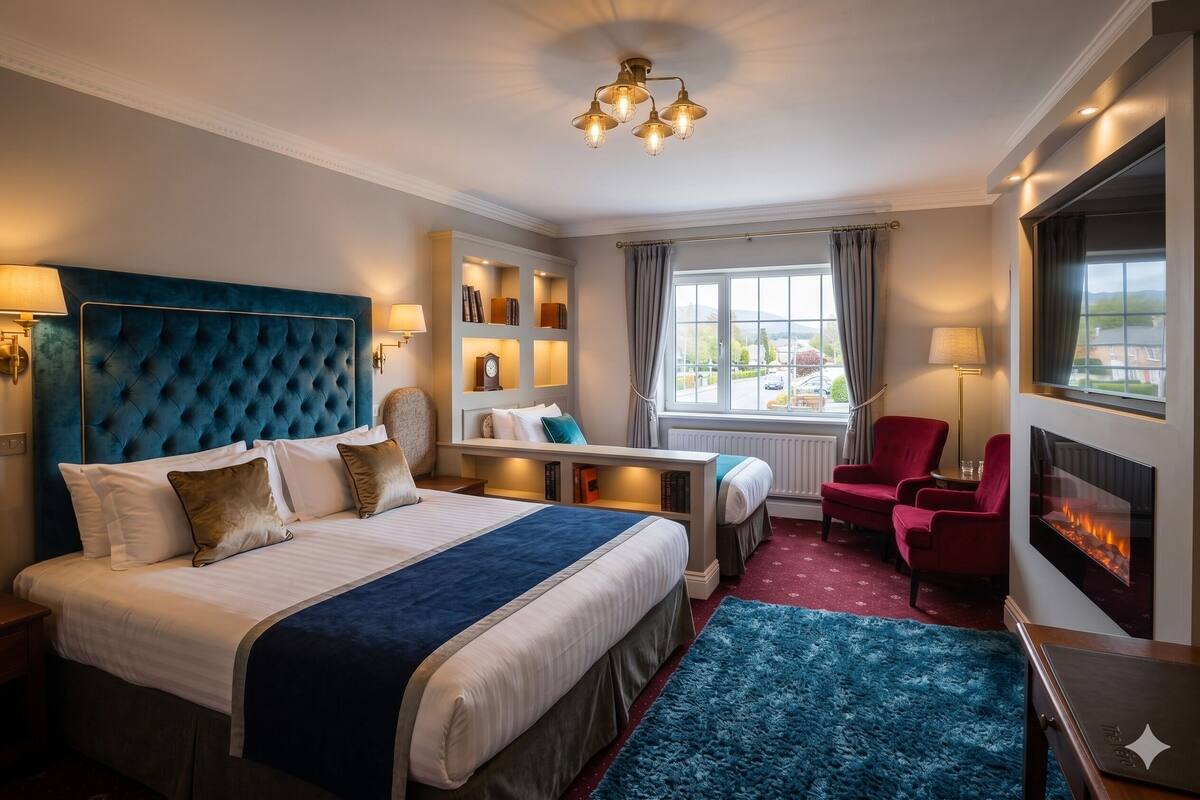 A hotel room with a large bed, a desk, a red armchair, a fireplace, and a view of the outside.