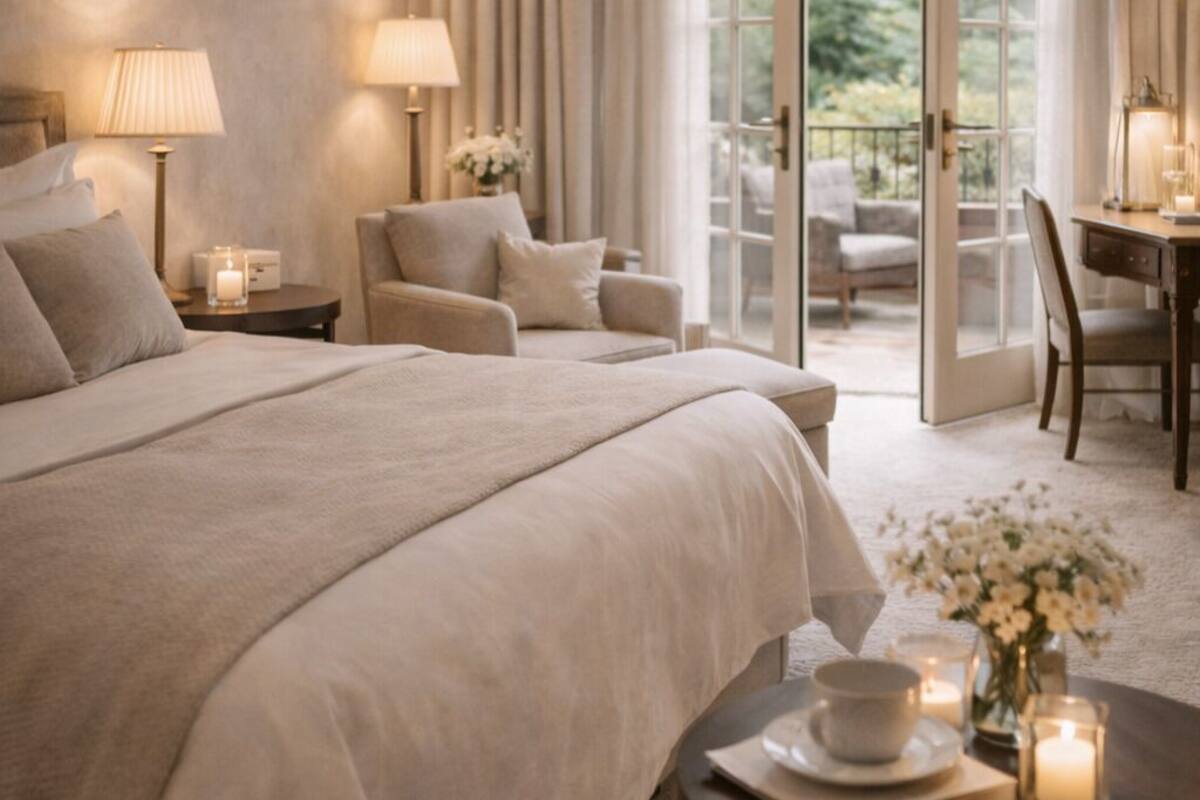 A spacious bedroom with a large bed, a sitting area with a table, and a view through a glass door.