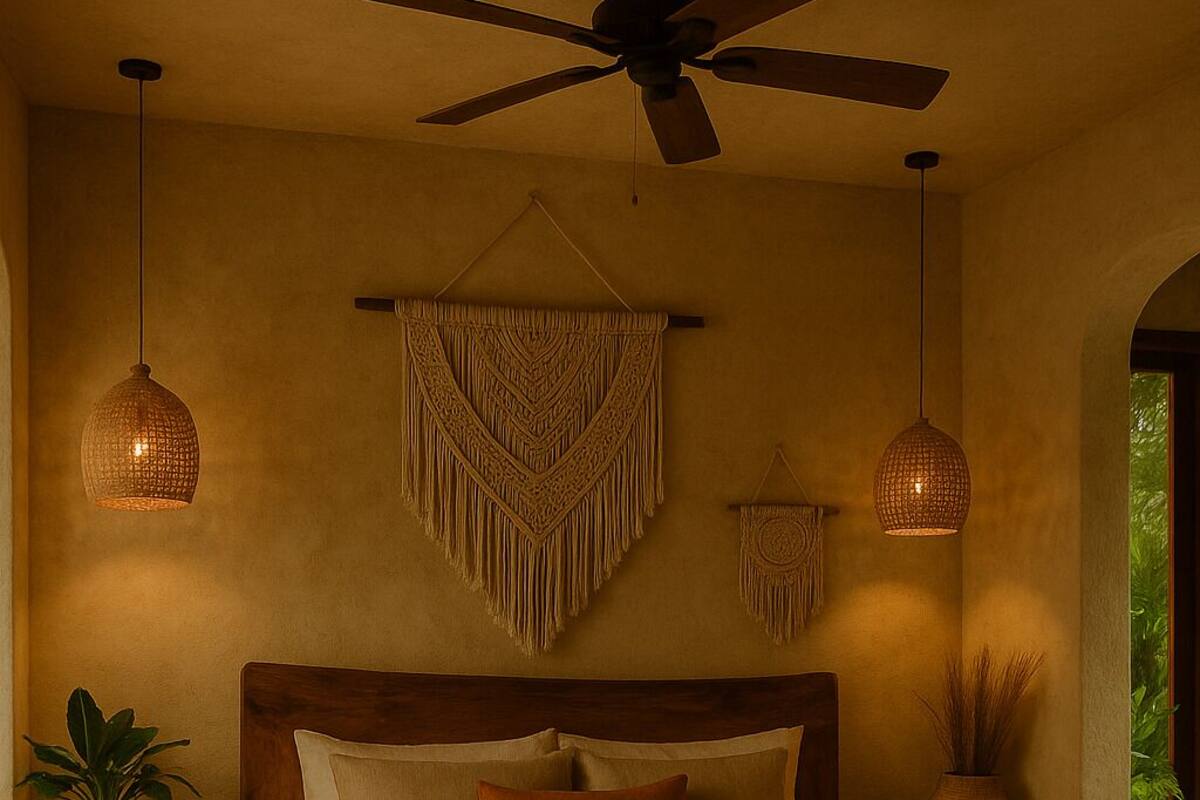 Une chambre avec un lit en bois, un ventilateur de plafond, des décorations murales en macramé et des luminaires en fibres tressées.