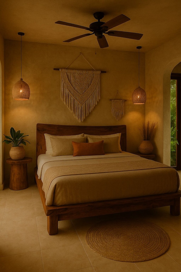 A bedroom with a wooden bed, a ceiling fan, macramé wall hangings, and woven light fixtures.