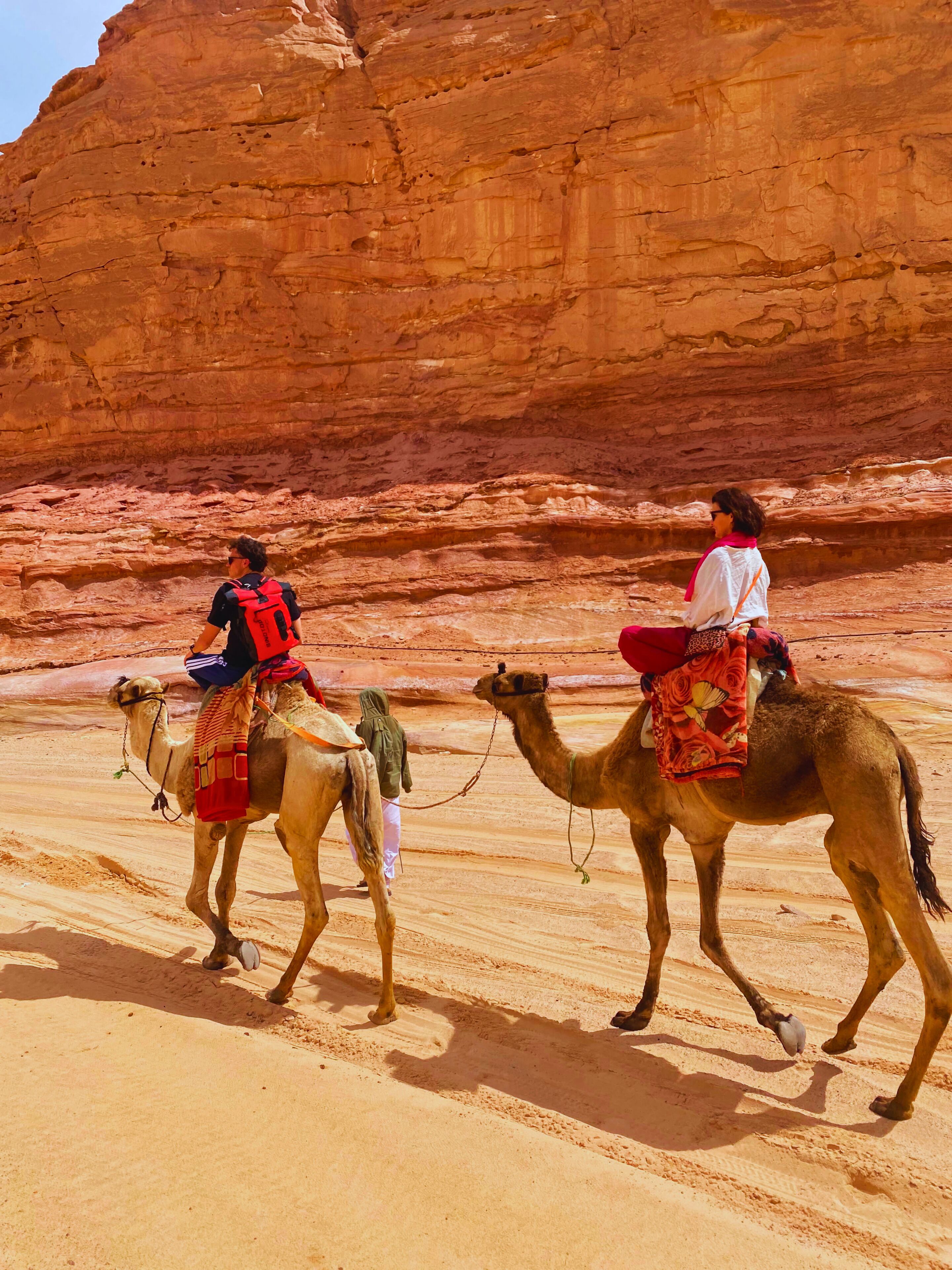 Two camels with riders in a desert setting with red rock formations in the background.