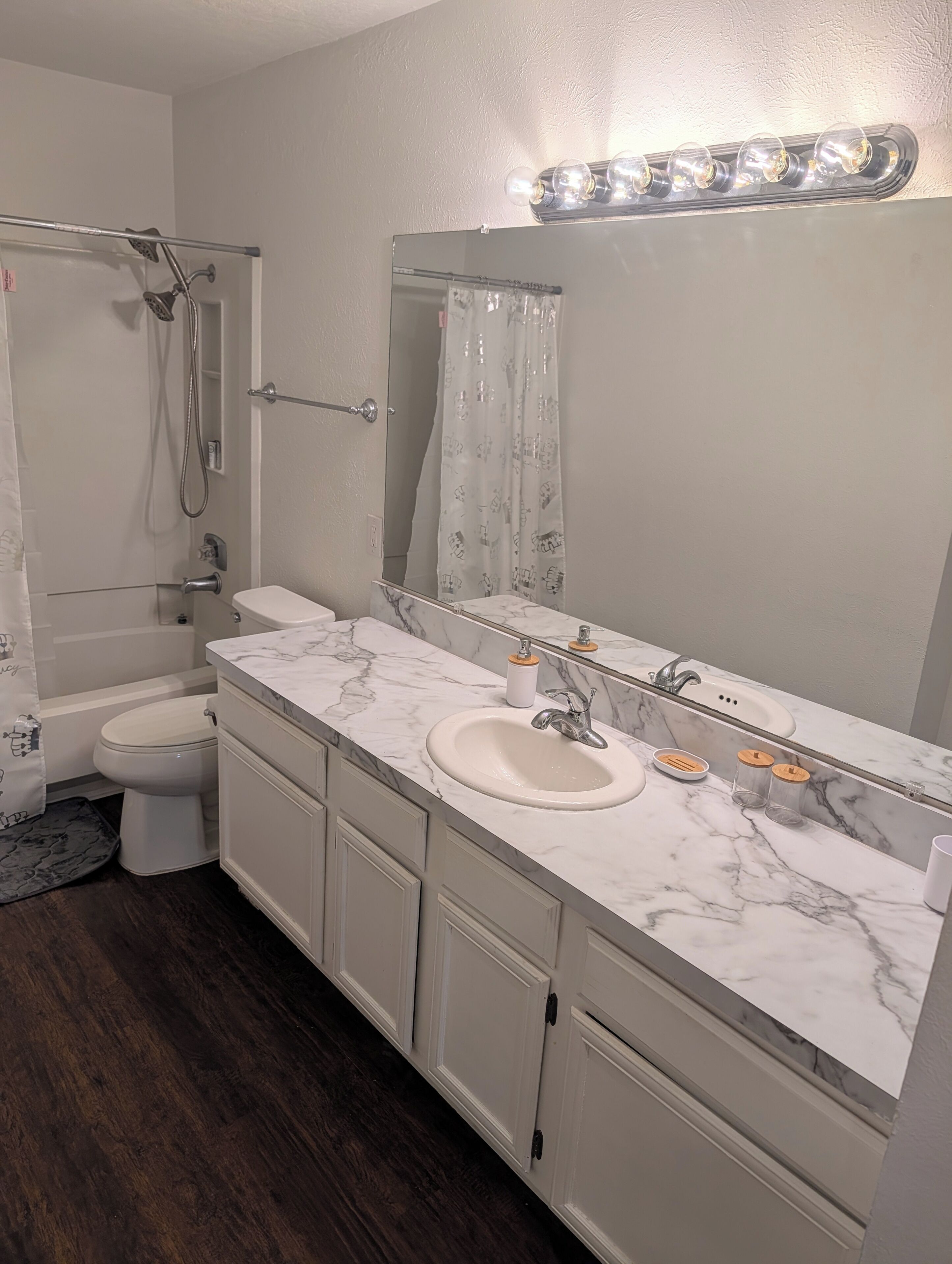 Hair dryer, towels, soap, toilet paper