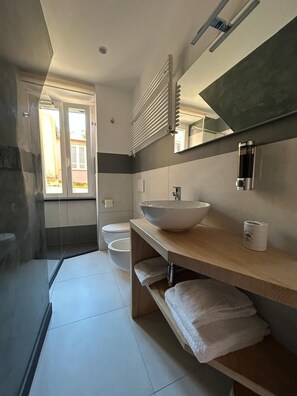 Regadera, secadora de cabello, bidet, toallas 