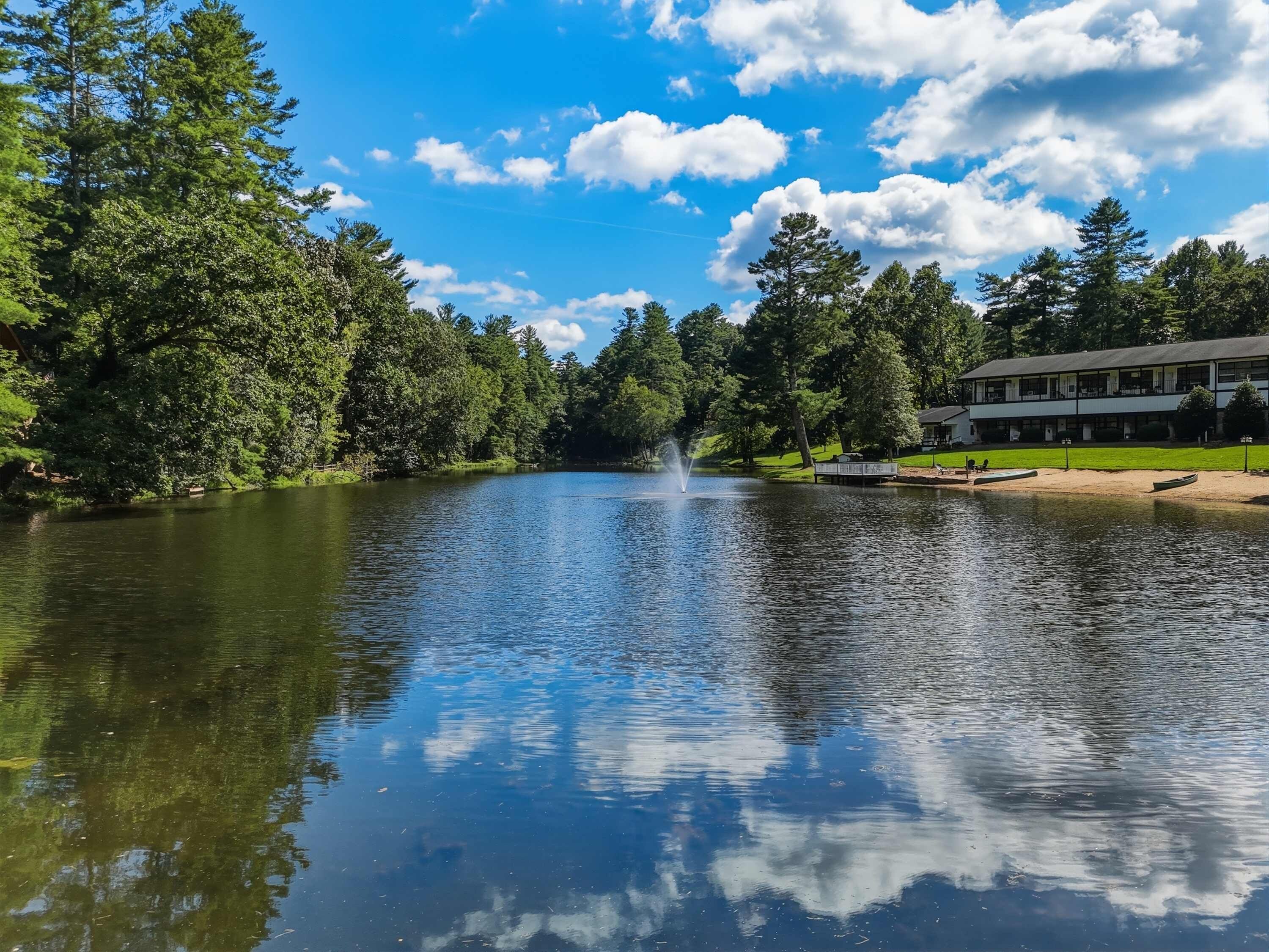 A lake with a fountain, surrounded by dense trees and a building with a dock.